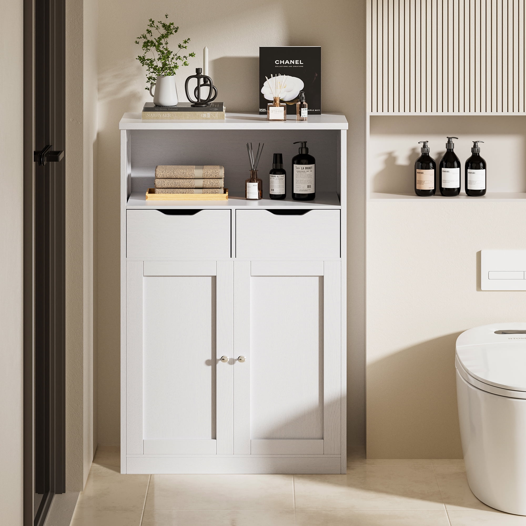 Walsunny Bathroom Storage Cabinets for Floor with 2 Doors 2 Drawers Freestanding Wooden Shelves Organizer Cupboard for Small Spaces Bathroom Living Room Bedroom Entryway White