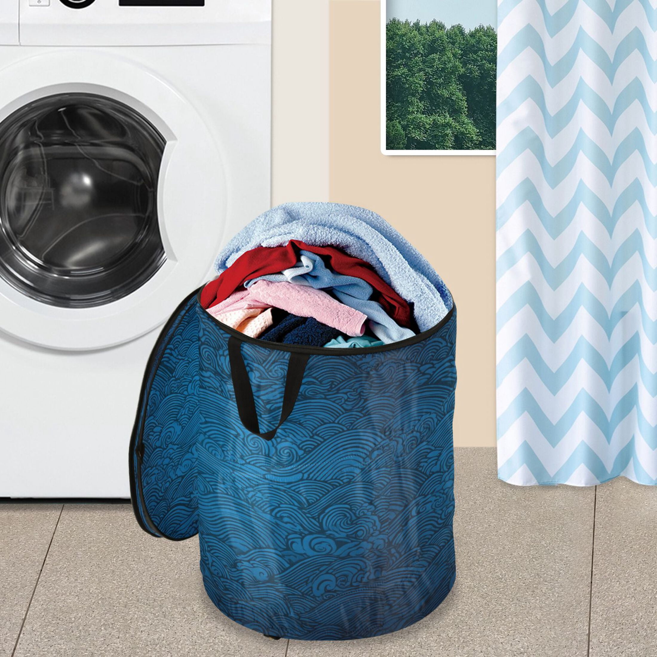 50L Extra Large Popup Hamper Collapsible Laundry Basket With Zippered Lid 15.7x18.5in Water Waves in Deep Blue