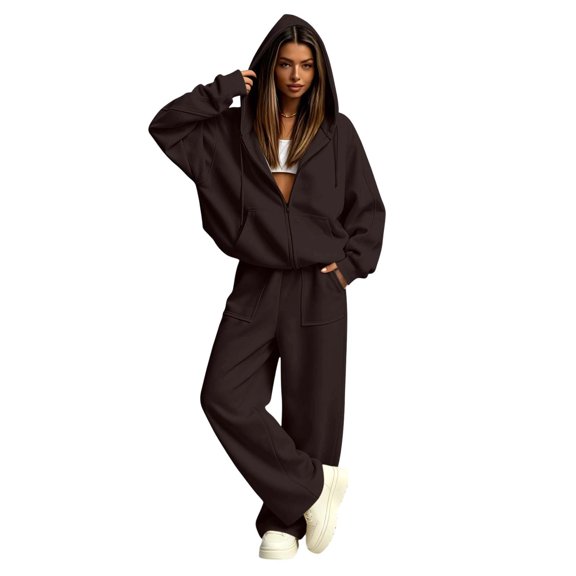 Enjoytime Winter Outfits for Women 2026 Zip Up Hoodie Wide Leg Sweatpants 2 Piece Sets Fall Casual Matching Tracksuits