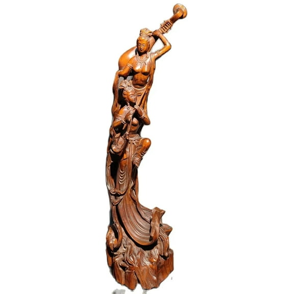 12" vintage wooden ornaments wood carving figure indian statue woman Music dance statuette femme decoration