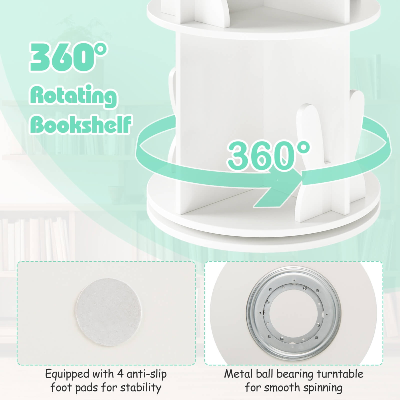 Costway Kids Rotating Bookshelf 2 Tier Freestanding 360° Revolving Display Storage Rack White