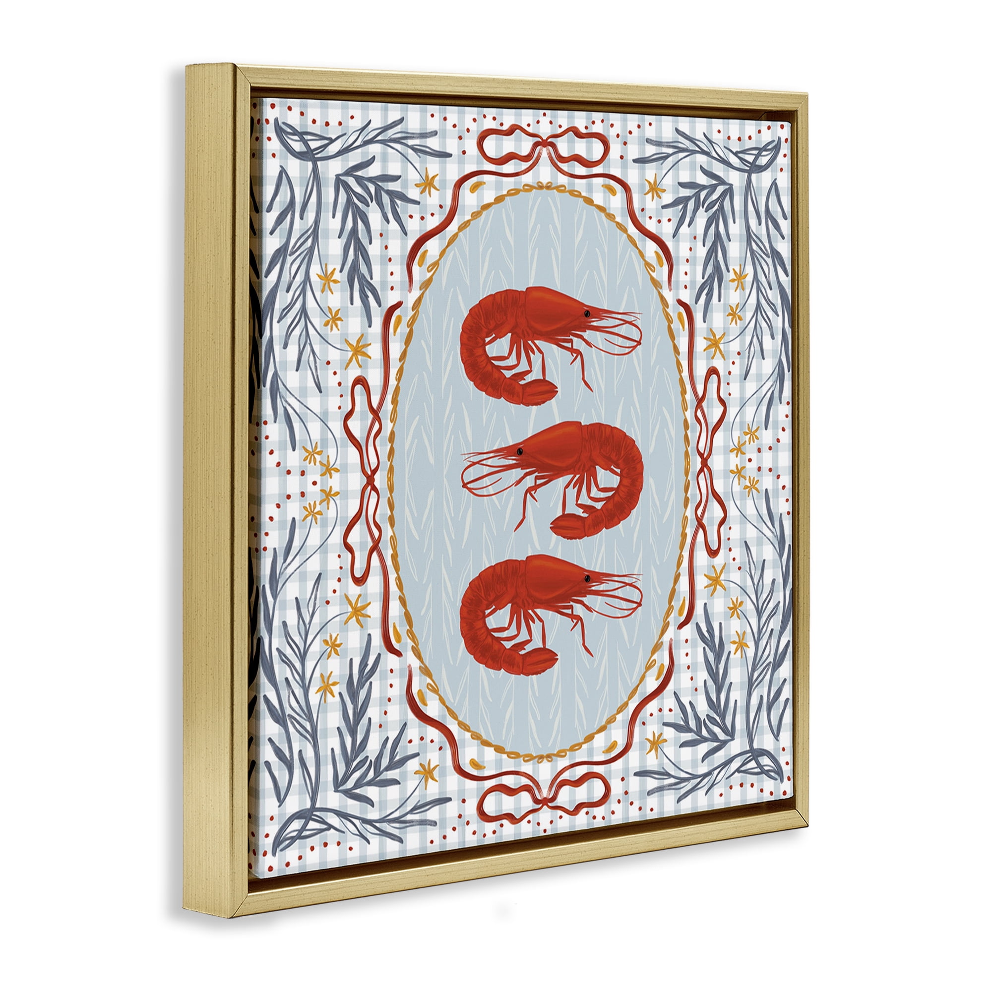Stupell Industries Prawn Trio on Blue Gingham Gold Framed Floater Canvas Wall Art, design by Vero Illustrates