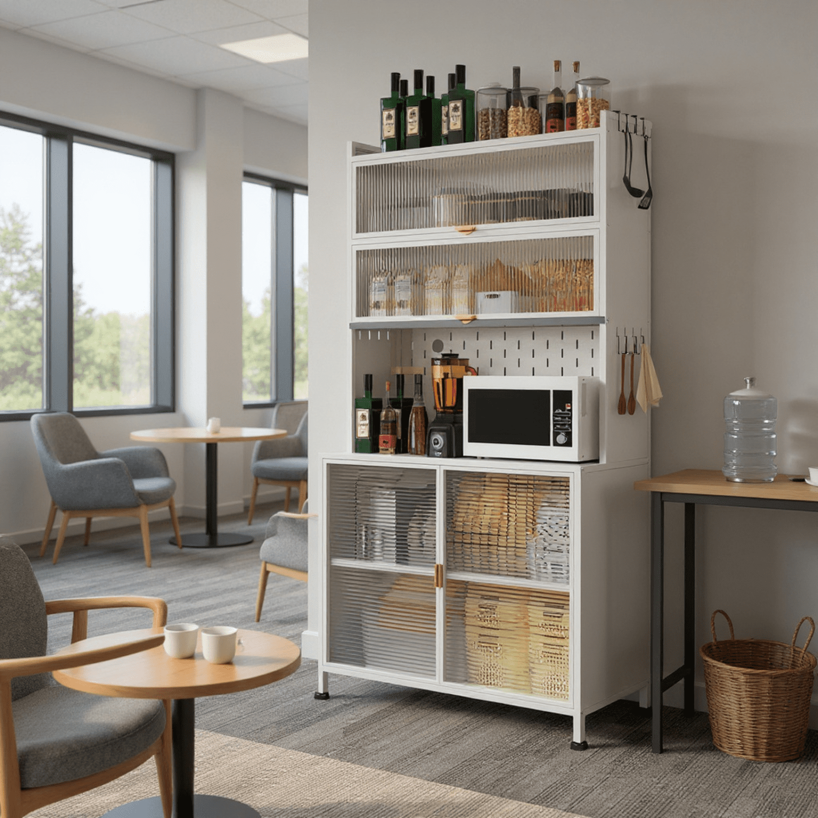 Homy Casa Tall Pantry Cabinet with Glass Sliding Doors and Multi-Layer Storage for Kitchen, White