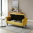 thumbnail image 3 of Storage Bench,Velvet Upholstered End of Bed Bench with One Pillow and Large Storage Space,Rectangular Chaise Lounge with Rolled Armrest for Living Room Bedroom,Yellow, 3 of 5