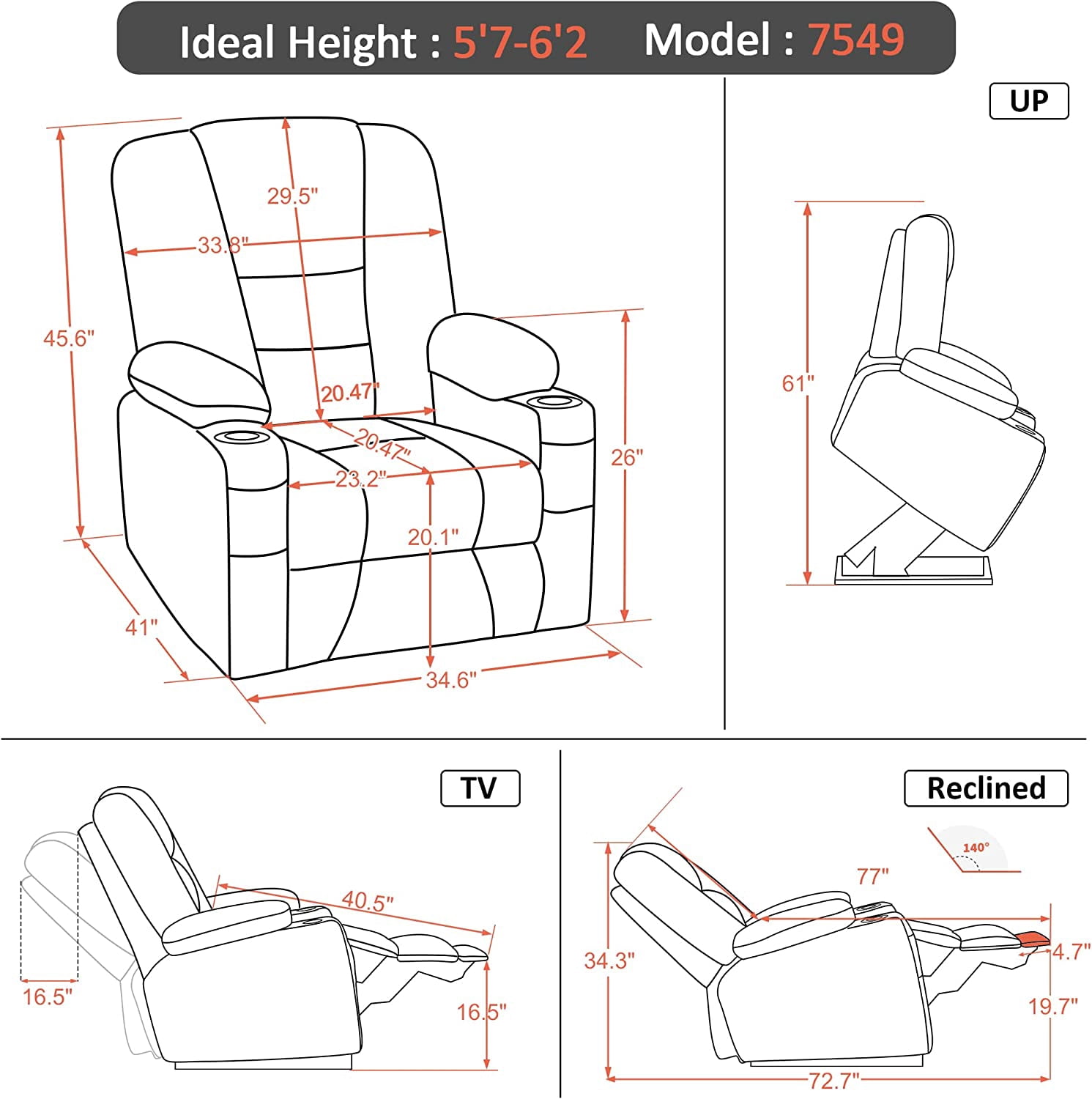 MCombo Large Power Lift Recliner Chair Sofa with Massage and Heat for Elderly People, Extended Footrest, Hand Remote Control, Lumbar Pillow, Cup Holders, USB Ports, Fabric 7549 (Large, Brown)