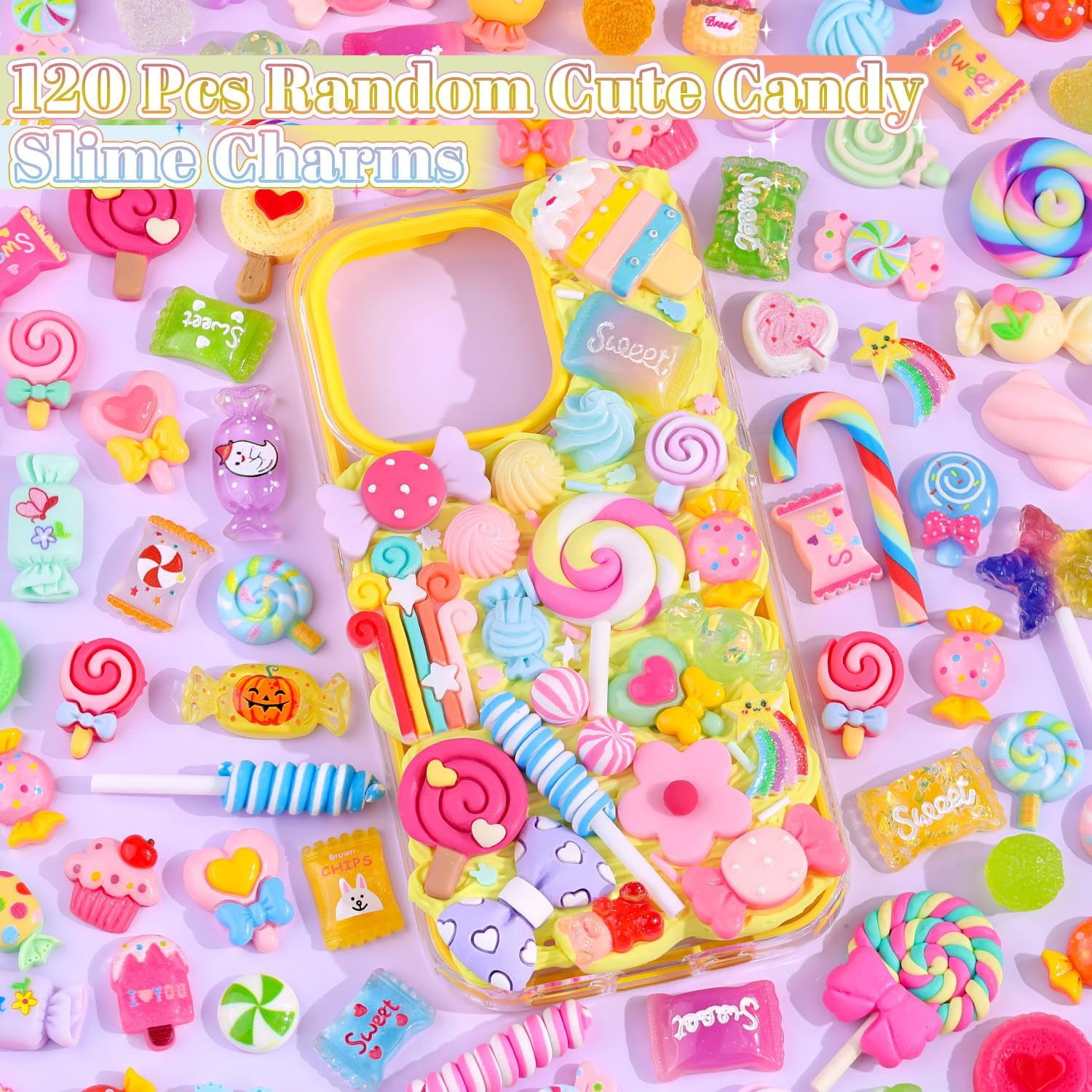 MEC 120Pcs Candy Slime Charms Assorted Cute Decoden Embellishments, Kawaii Slime Accessories,Bulk Lollipop Bow Rainbow Flatback Resin Charm for Phone Junk Cases,Scrapbooking Crafting & DIY Decoration