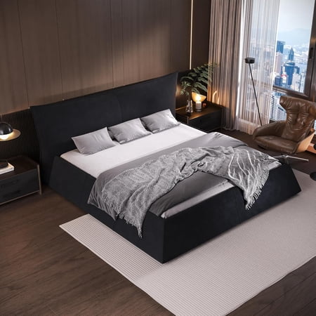 LJAN Queen Size Upholstered Platform Bed with Special Shaped Velvet Headboard Metal & Solid Wood Frame