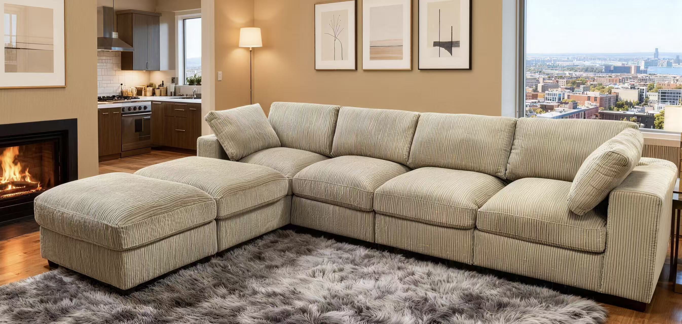 Howcool Cloud Couch Modular Sectional Sofa 6 Seat 132" L Shaped Reversible Convertible Couch, Corduroy Thick Cushion with Movable Ottomans, Washable Removable Cover for Living Room,Camel