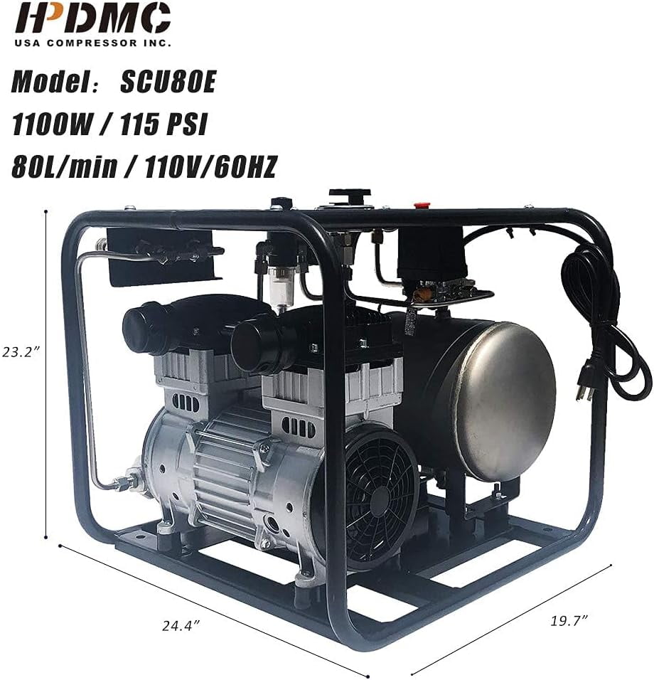 HPDMC SCU80E Hookah Dive System - 110V Oil-Free Electric Air Compressor with 50 FT Hose & Regulator for Snorkeling & Scuba