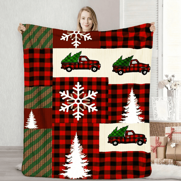 A red truck and snowflake Christmas plaid blanket, a soft and comfortable flannel comforter, is an ideal choice for winter decor.(60*80IN)