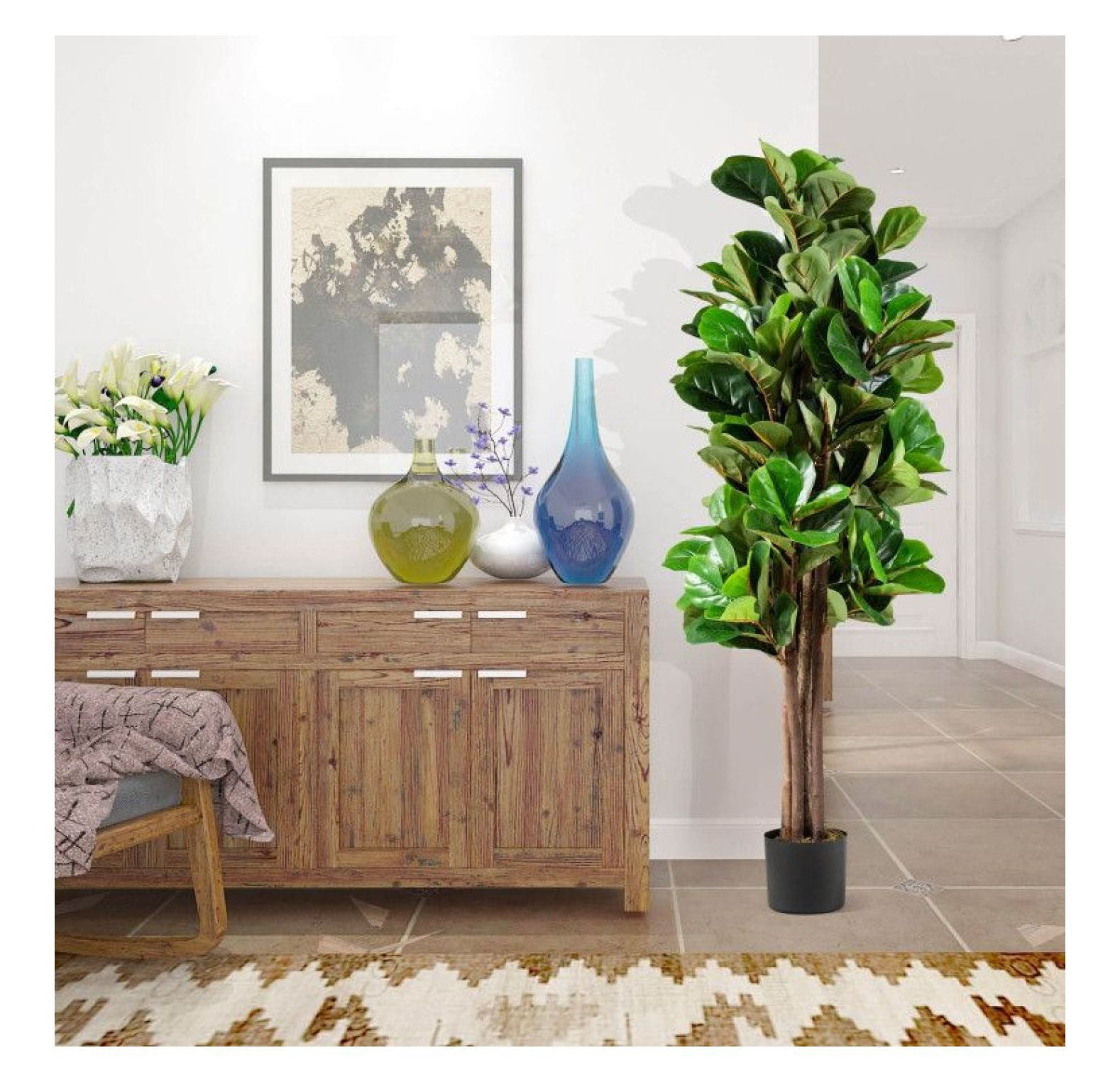 5ft Artificial Fiddle Leaf Fig Tree, Decorative Indoor Plant, Realistic Greenery, Home & Office Decor, Plastic Planter with Moss, 180 Leaves
