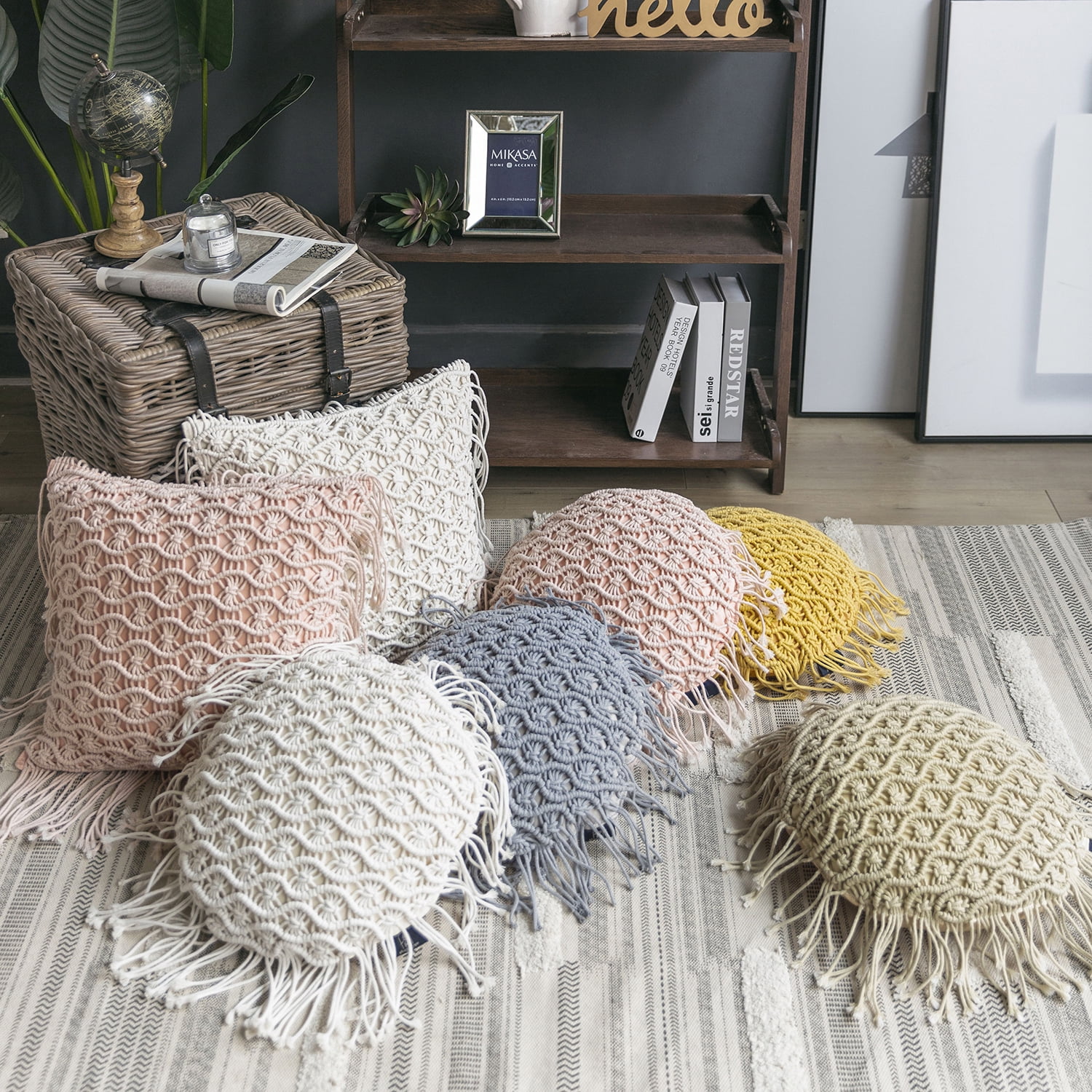 Phantoscope 100% Cotton Handmade Crochet Woven Boho with Tassels Series Half Covered Throw Pillow, 18" x 18", White, 1 Pack
