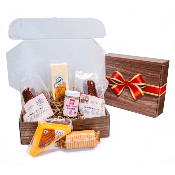 Classic Assortment | Cheese & Summer Sausage Gift Box | Wisconsin Cheddar & Hot Pepper Cheese, Two Summer Sausages, Crackers & Whole Grain Mustard | Ready-to-Gift