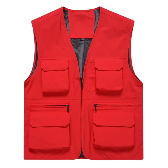 ZQUUVOU Men's Thin Sports Multi-Bag V Neck Quick-Drying Vest Gentleman Loose Blouse Mountaineering Tooling Outdoor Vest Jackets Red