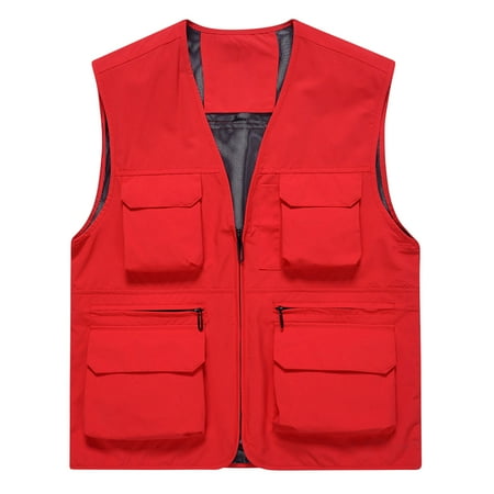 Men s Summer Multi-Pocket Vest Lightweight Breathable Mesh Outdoor Fishing Travel Waistcoat Jackets Coats Red XXXXL
