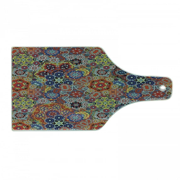 Batik Cutting Board, Vintage Combined Nested Paisley Motif Oriental Feminine Cultural Eastern Batik Theme, Tempered Glass Cutting and Serving Board, Wine Bottle Shape, Multicolor, by Ambesonne