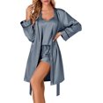 thumbnail image 1 of Ensemble de Pyjamas en Satin 3 Pcs pour Femmes, Haut Cami et Shorts, Vêtements de Nuit avec Robe, Gris, 1 of 5
