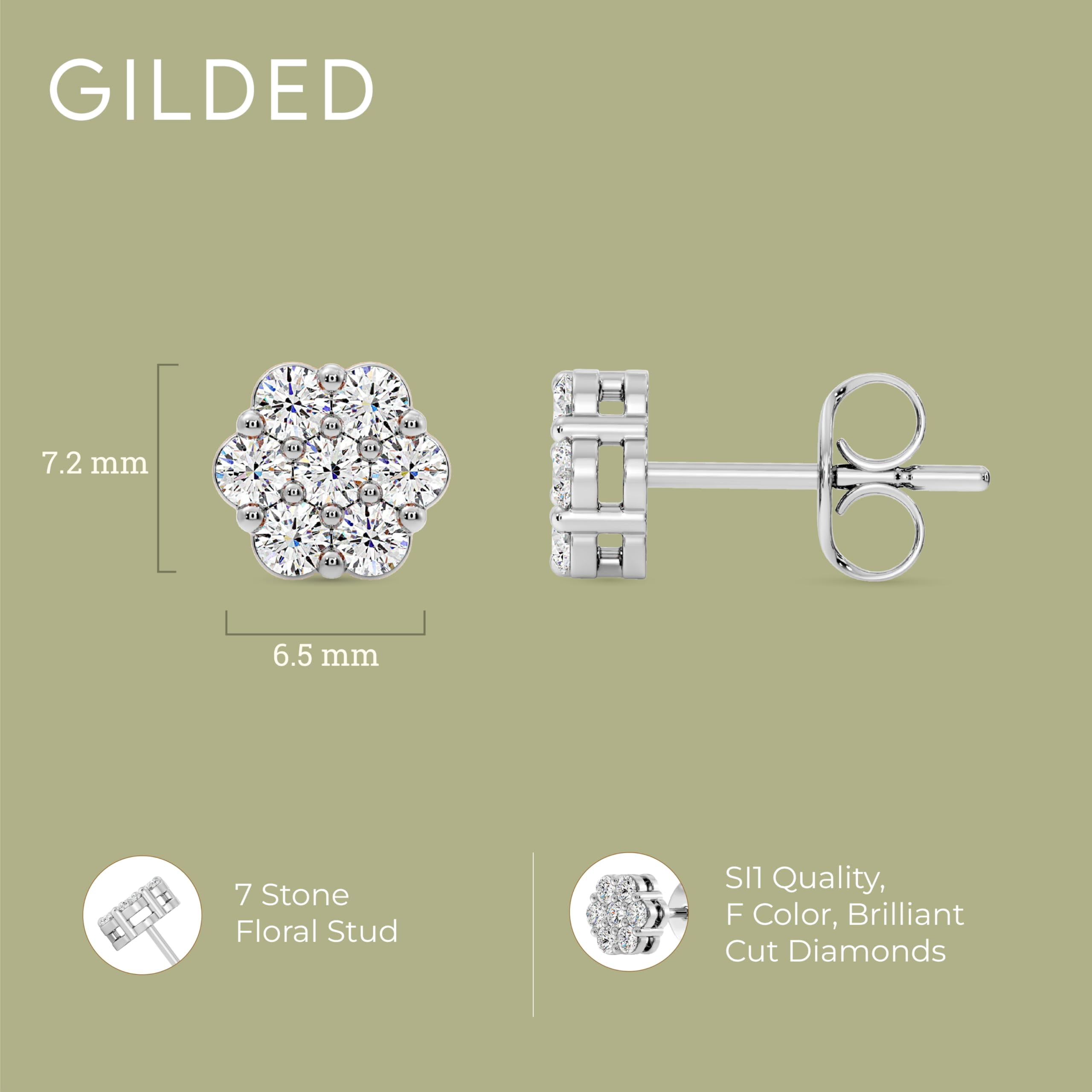 Gilded 1/2 Carat Total Weight Lab-Grown Diamond Stud Earrings for Women | 925 Sterling Silver | 7-Stone Flower Shaped | Hypoallergenic Fine Jewelry | Prong Setting, Push Back Nut SI1 Clarity, F Color