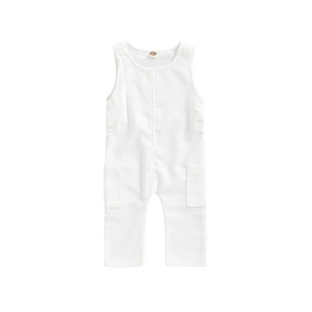 

Binpure Kid Baby Sleeveless Romper Solid Color Button Round Neck Stripe Pattern Overalls Casual Simple Style Jumpsuit