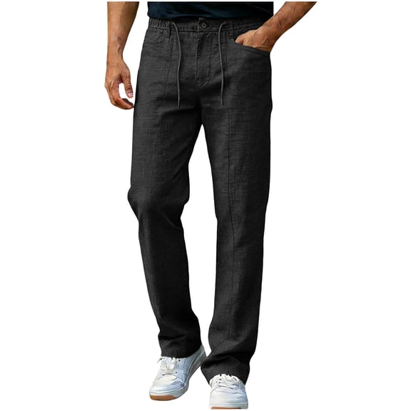 Linen Pants for Men Straight Leg Drawstring Elastic Waist Trousers Lightweight Breathable Slacks Front Seam Detail Casual Summerwear