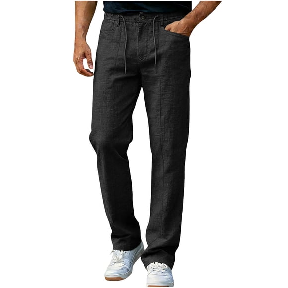 ZVNAΖH Men's Linen Pants Casual Drawstring Elastic Waist for Elderly Man Lightweight Pleated Slacks Summer Beach Yoga Trousers with Pockets