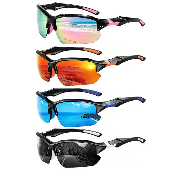 Amaopus 4 Pack Polarized Sports Sunglasses for Men, UV 400 Protection Half Frame Sunglasses, Lightweight AR Coating Sport Shades for Cycling, Fishing, Driving