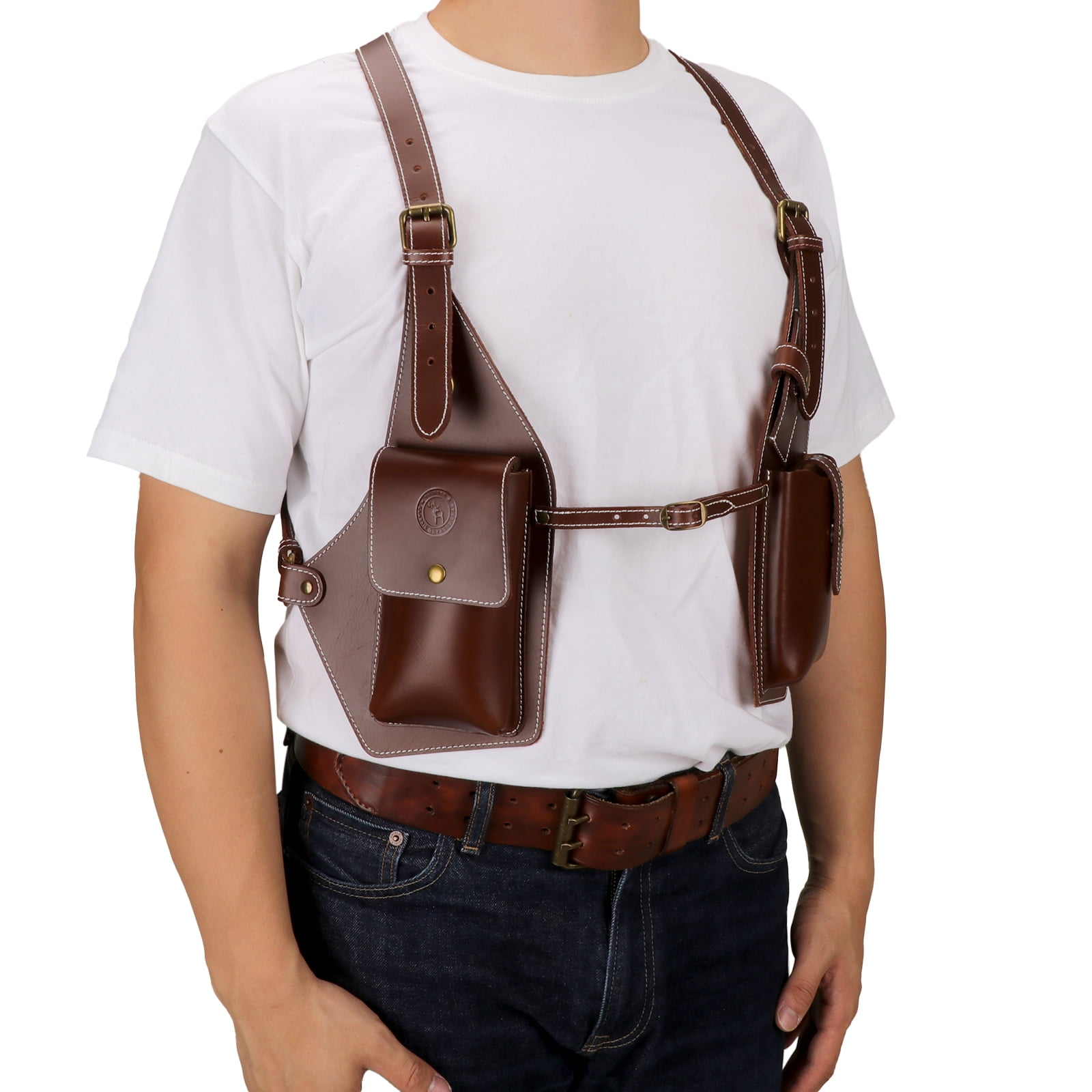 TOURBON Leather Tool Suspenders Bag Vintage Brown Shoulder Strap Tool Pouch for Phone Fully Adjustable