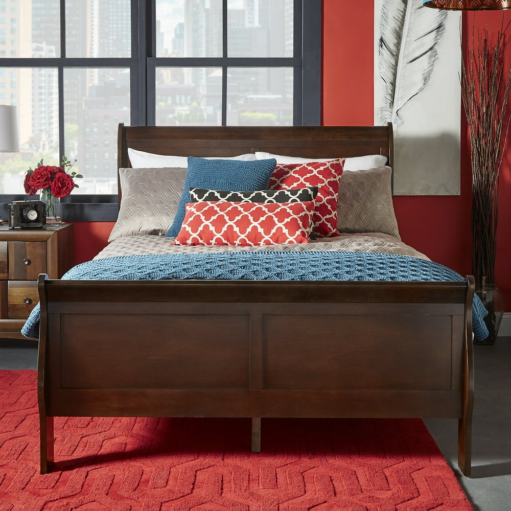 Weston Home Cherry Wood Finish Sleigh Twin Bed Frame with High Footboard