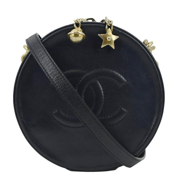 Pre-Owned CHANEL Glazed Round As Earth Leather Evening Crossbody Bag Navy Blue