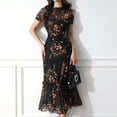 thumbnail image 2 of Women's Dark Elegant Floral Print Short Sleeve Mesh Panel Dress Black M, 2 of 7
