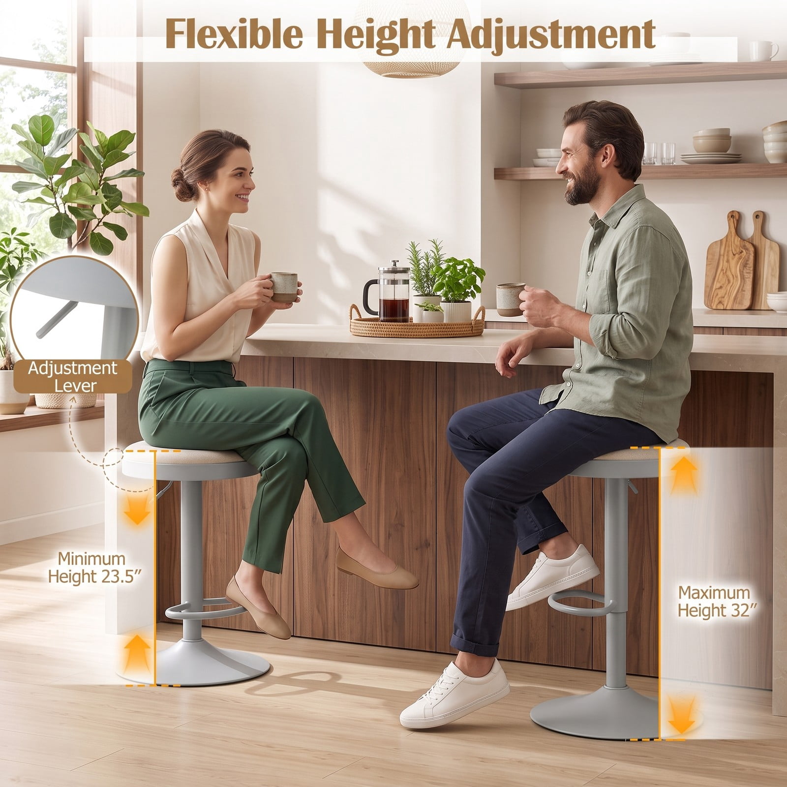 Furnibear Set of 2 Counter Height Bar Stools, Adjustable 360 Swivel Stools with Padded Breathable Seat, D-Shaped Footrest for Kitchen Island and Bar, 330 lb, Gray