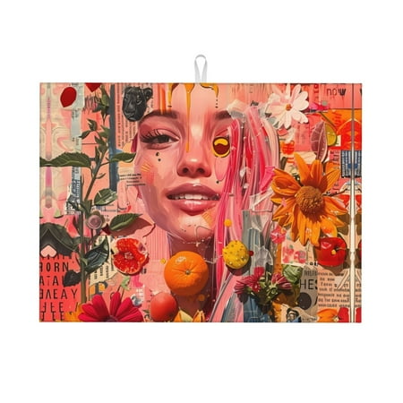 

Dish Drying Mat Vibrant Floral Collage Portrait Highly Absorbent Microfiber Drying Mat Kitchen Counter or Sink Drawer Liner 16x18 Kitchen Drying Mat Coffee Mat Kitchen Essentials