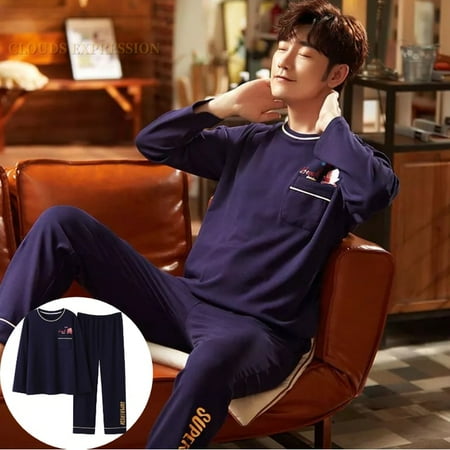 

QWZNDZGR Autumn Winter Men s Cotton Pajamas Letter Striped Sleepwear Cartoon Pajama Sets Casual Sleep&Lounge Pyjamas Plus Size 4XL Pijama
