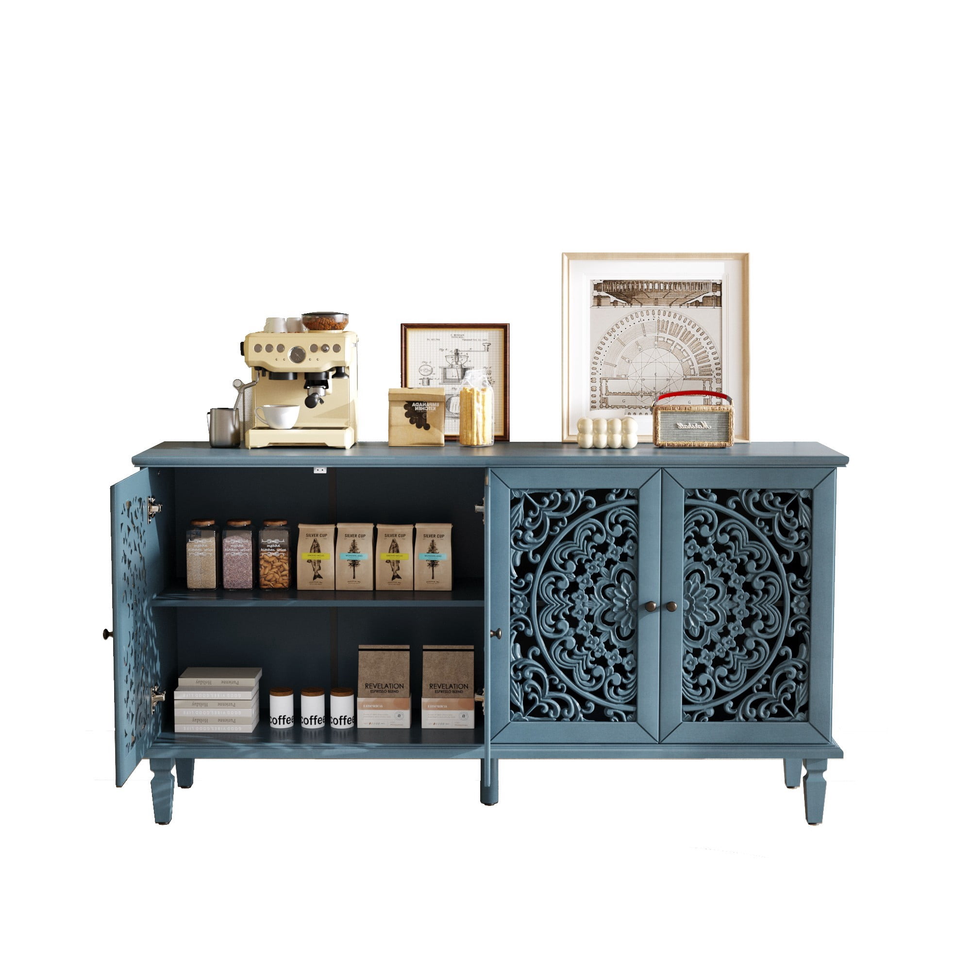 60" Antique Buffet Cabinet with Floral Carved Doors, TV Stand for 65 Inch TV, Sideboard Cabinet with Adjustable Shelves, Antique Blue