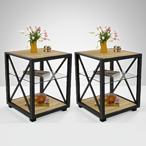 Set of 2 Modern End Table Nightstand for Bedroom & Living Room, Tempered Glass & Natural Wood MDF Top , Industrial Style Side Table