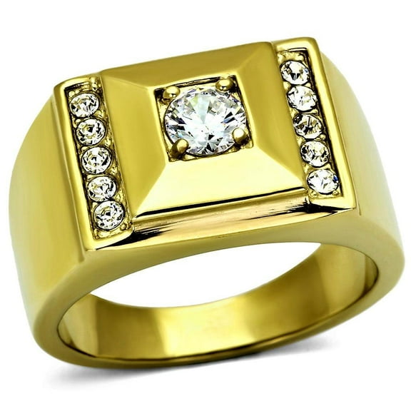Mens Ring Gold Round Cut Stainless Steel Ring with AAA Grade CZ in Clear