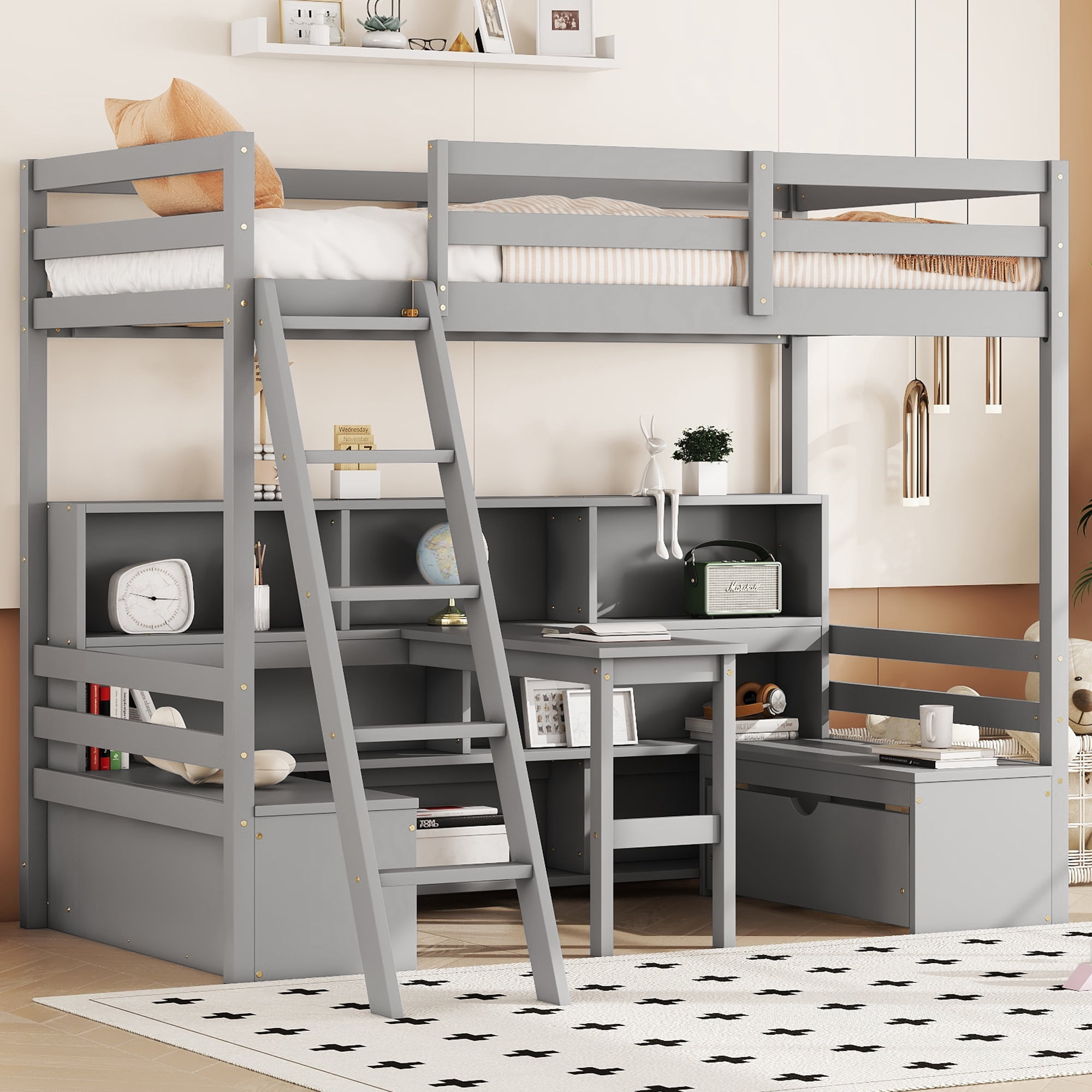 Euroco Modern Wood Twin Size Loft Bed with Desk and Drawers, Storage Shelves and Seat Design for Kids Teens, Grey