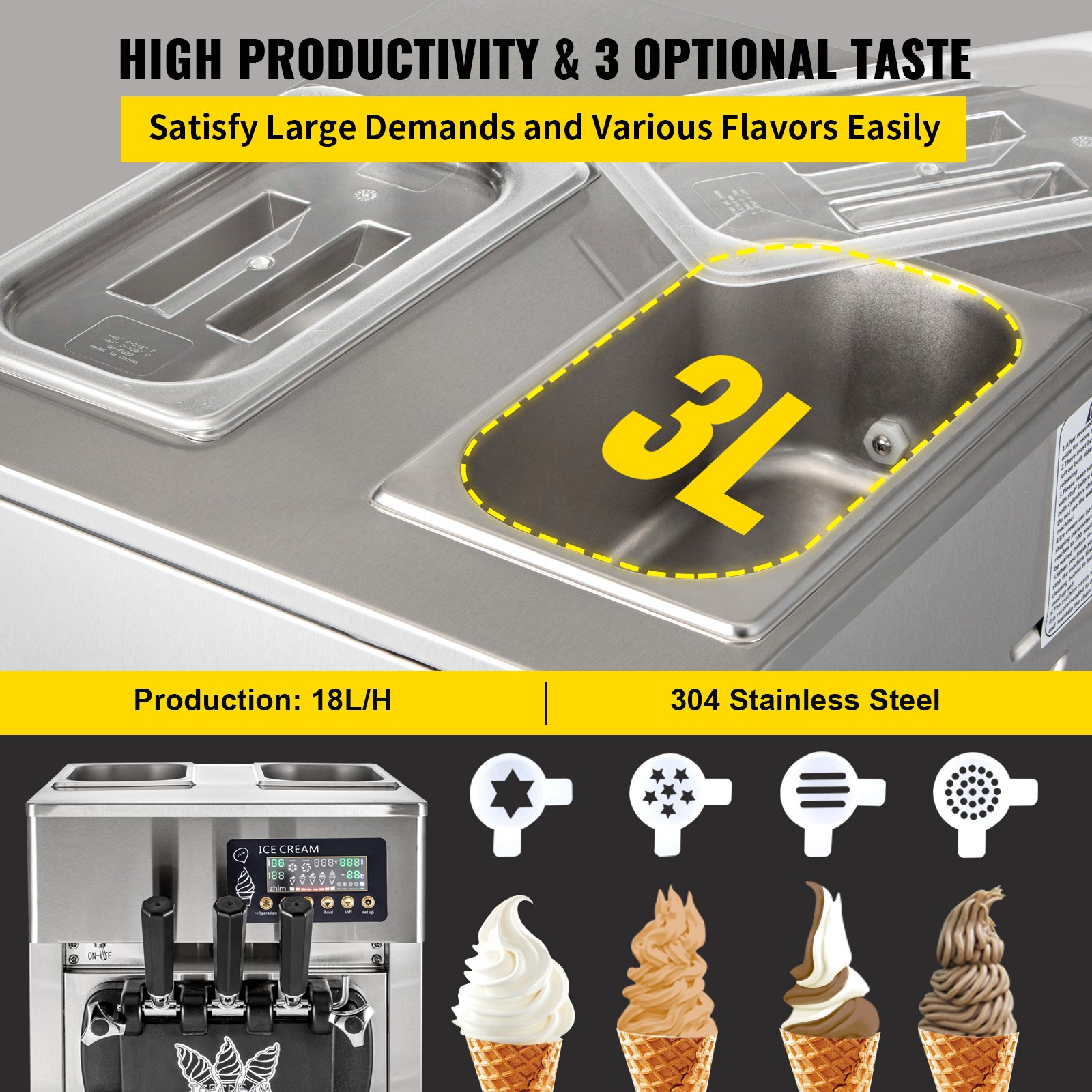 SHENGJINSH 3 Flavors Commercial Ice Cream Machine, 18L/H Yield, Ice Cream Maker with LED Display Screen 1200W