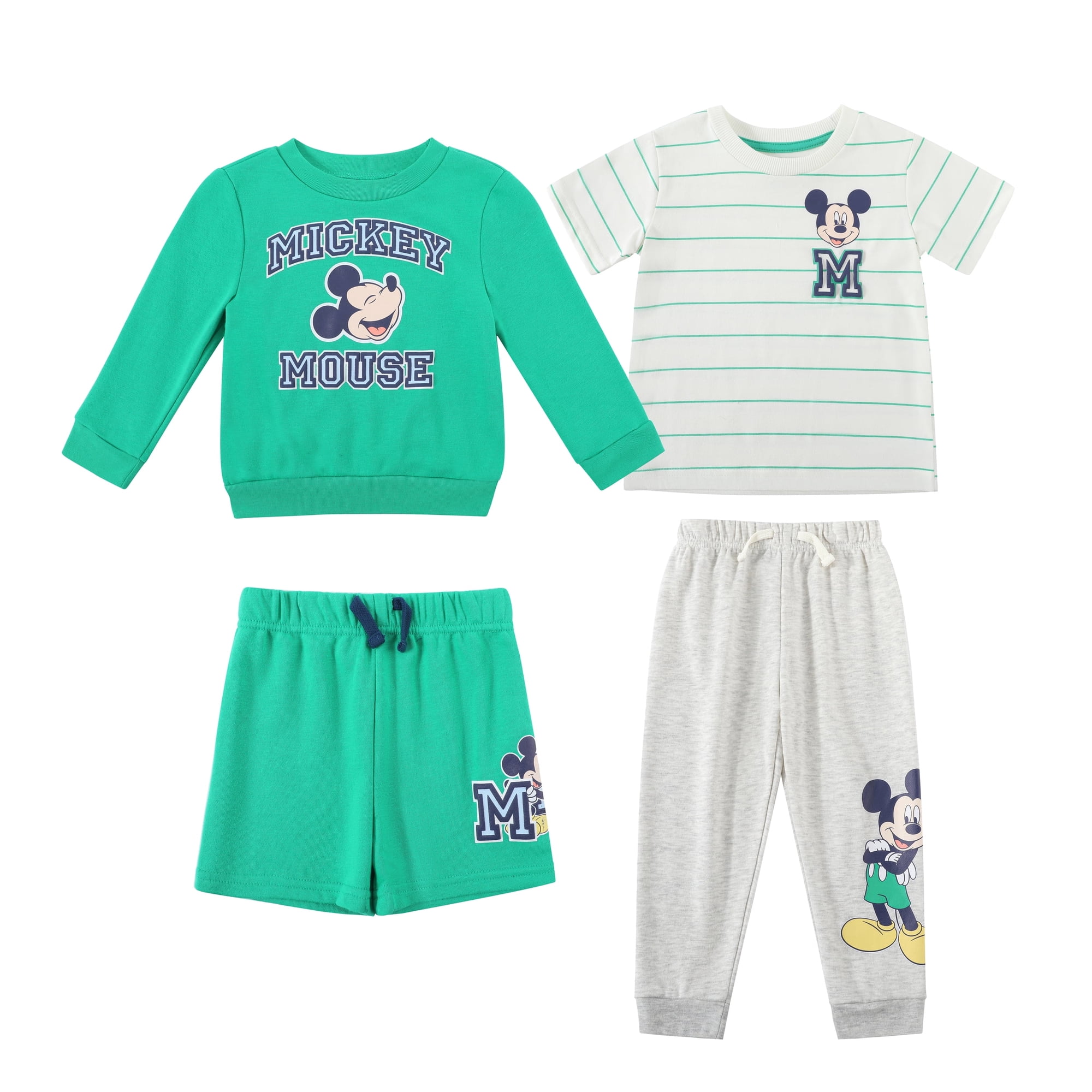 Disney Clothes Baby Boys 4-Piece Set – Mickey Mouse Outfit Set with Pullover, Tee, Shorts & Pants (Green/Grey) – 12M