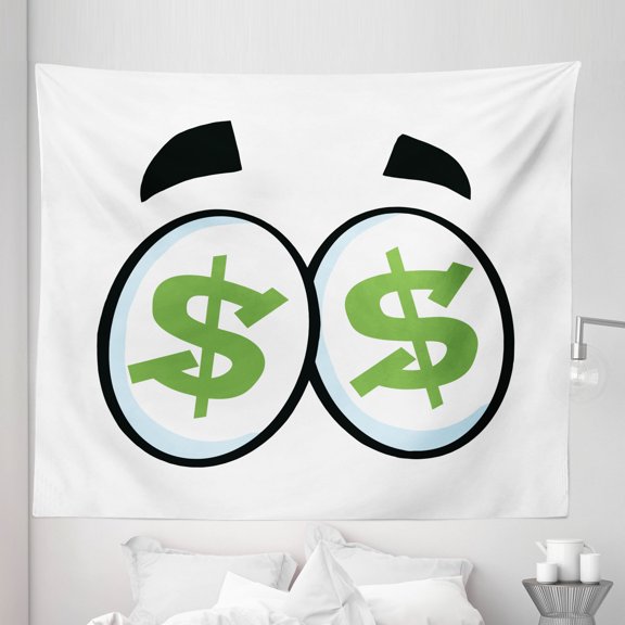 Eye Tapestry, Green Dollar Signs in Big Cartoon Eyes Greed for Money Penny Pincher, Fabric Wall Hanging Decor for Bedroom Living Room Dorm, 5 Sizes, Lime Green Pale Blue, by Ambesonne
