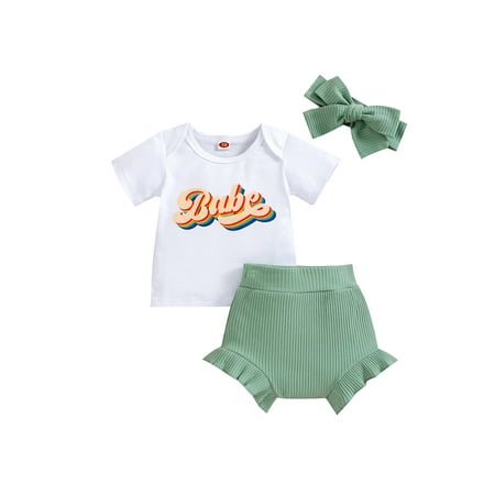 

JYYYBF 3PCS Baby Girl Summer Outfits Set Newborn Baby Letters Print T-shirt Ribbed Shorts with Headdress White 6-12 Months