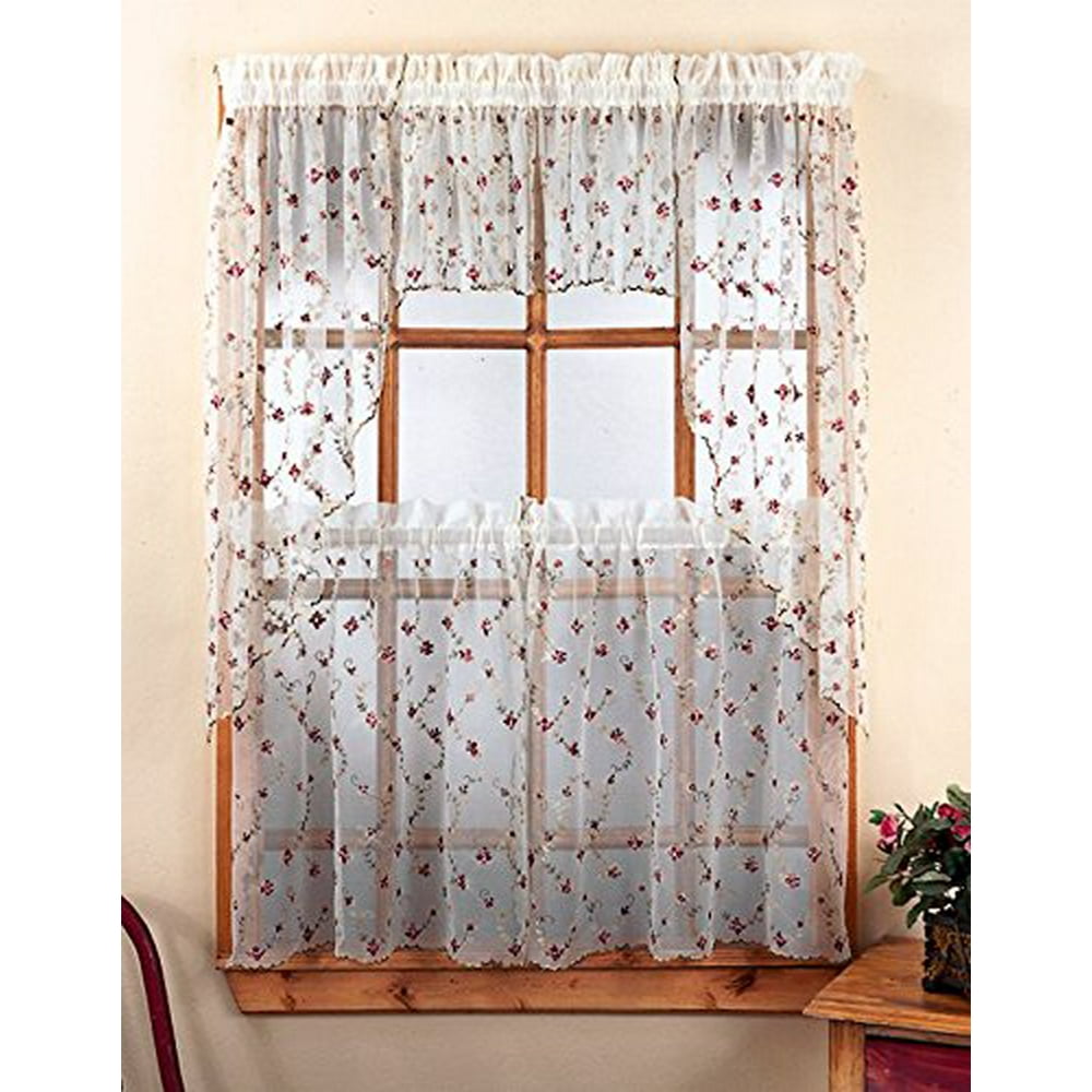 VCNY Vintage Rose Embroidered Cottage Chic Kitchen Curtain Tier & Swag