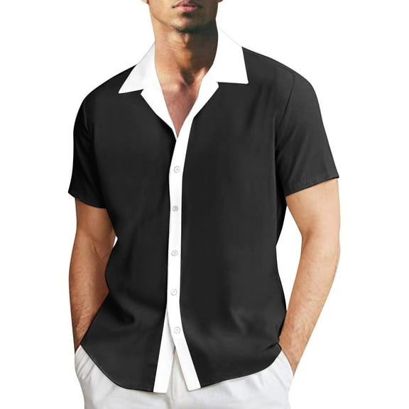 BUWTTED Men's Shirts Color Lapel Button Down Short Sleeve Loose Fit Color Block Summer Casual Business Beach Black Shirt L