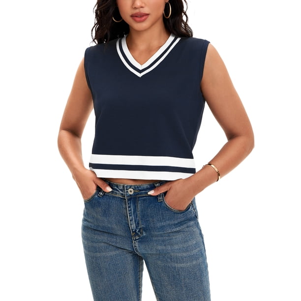 ATHLECHIC Camisetas sin mangas de punto de verano para mujer, color bloque, con escote en V, M, azul oscuro y blanco