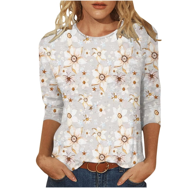 Staron Chemises d'Été pour Femmes T-Shirt à Imprimé Floral Col Rond Décontracté Ample Hauts T-Shirts Chemises d'Été Tendance Manches 3/4 T-Shirt Fluide