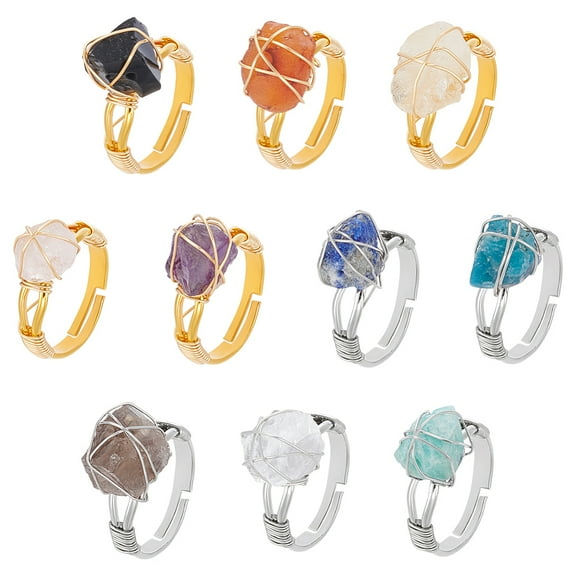 10Pcs 10 Styles Nuggets Natural Gemstone Finger Rings Copper Wire Wrapped Rings 25~28mm Inner Diameter: 17mm 1pc/style
