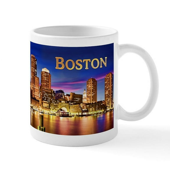 CafePress - Boston Harbor At Night Text BOSTON Copy Mugs - 11 oz Ceramic Mug - Novelty Coffee Tea Cup