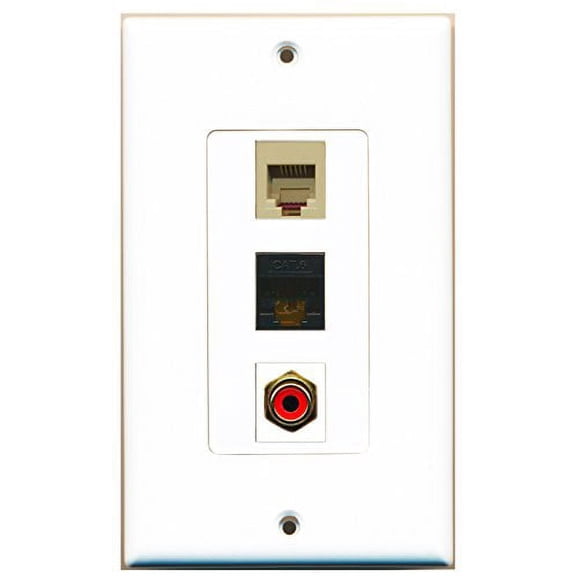 RiteAV - 1 Port RCA Red and 1 Port Phone RJ11 RJ12 Beige and 1 Port Cat6 Ethernet Black Decorative Wall Plate Decorative