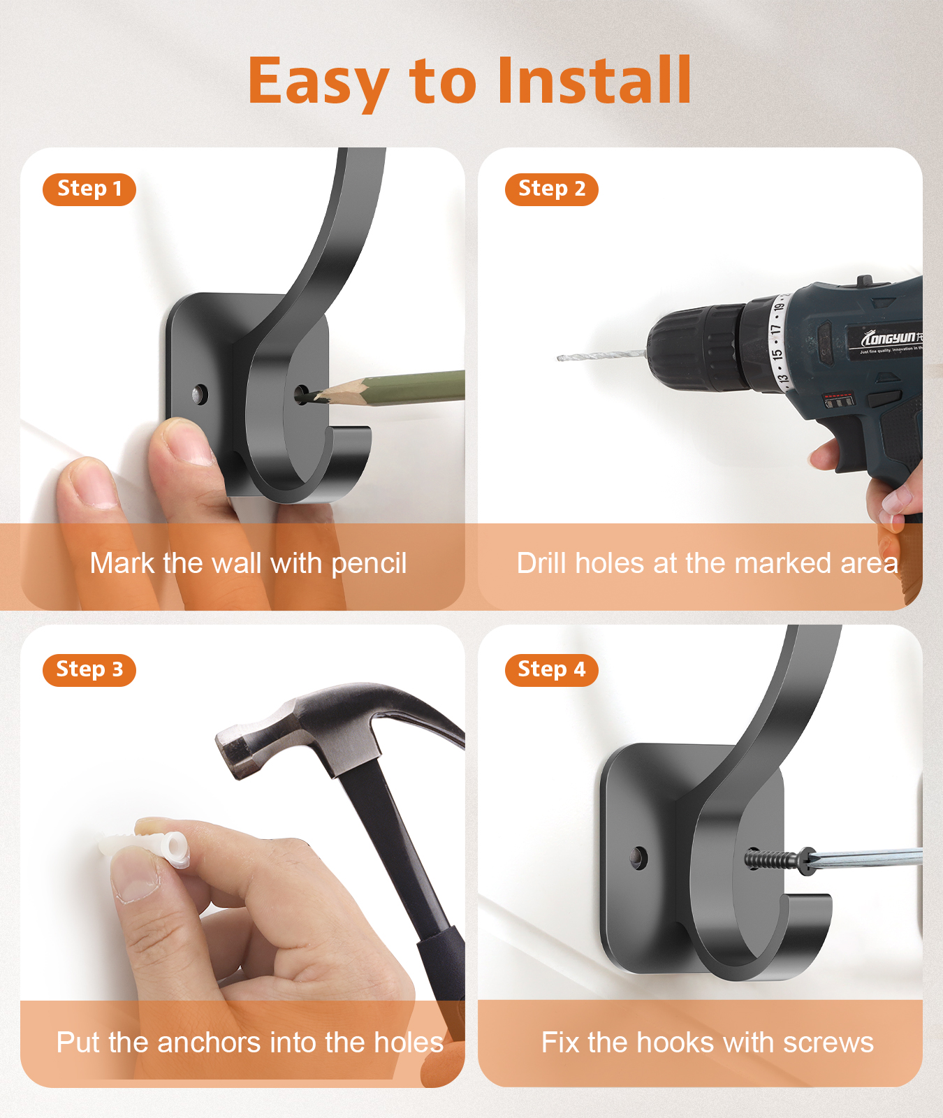 Optish Heavy Duty Coat Hooks, Black, 6-Pack photo 7