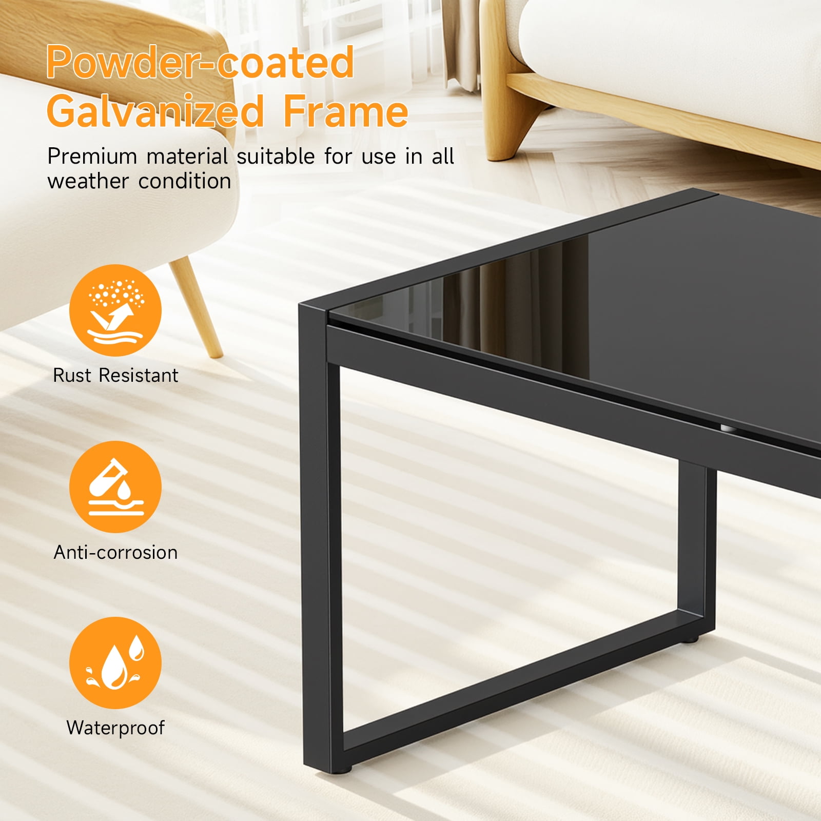 Dovov Outdoor Patio Coffee Table with Glass Top, All Weather Metal Rectangle Coffee Table Indoor Outdoor Glass Table for Patio Living Room, Black